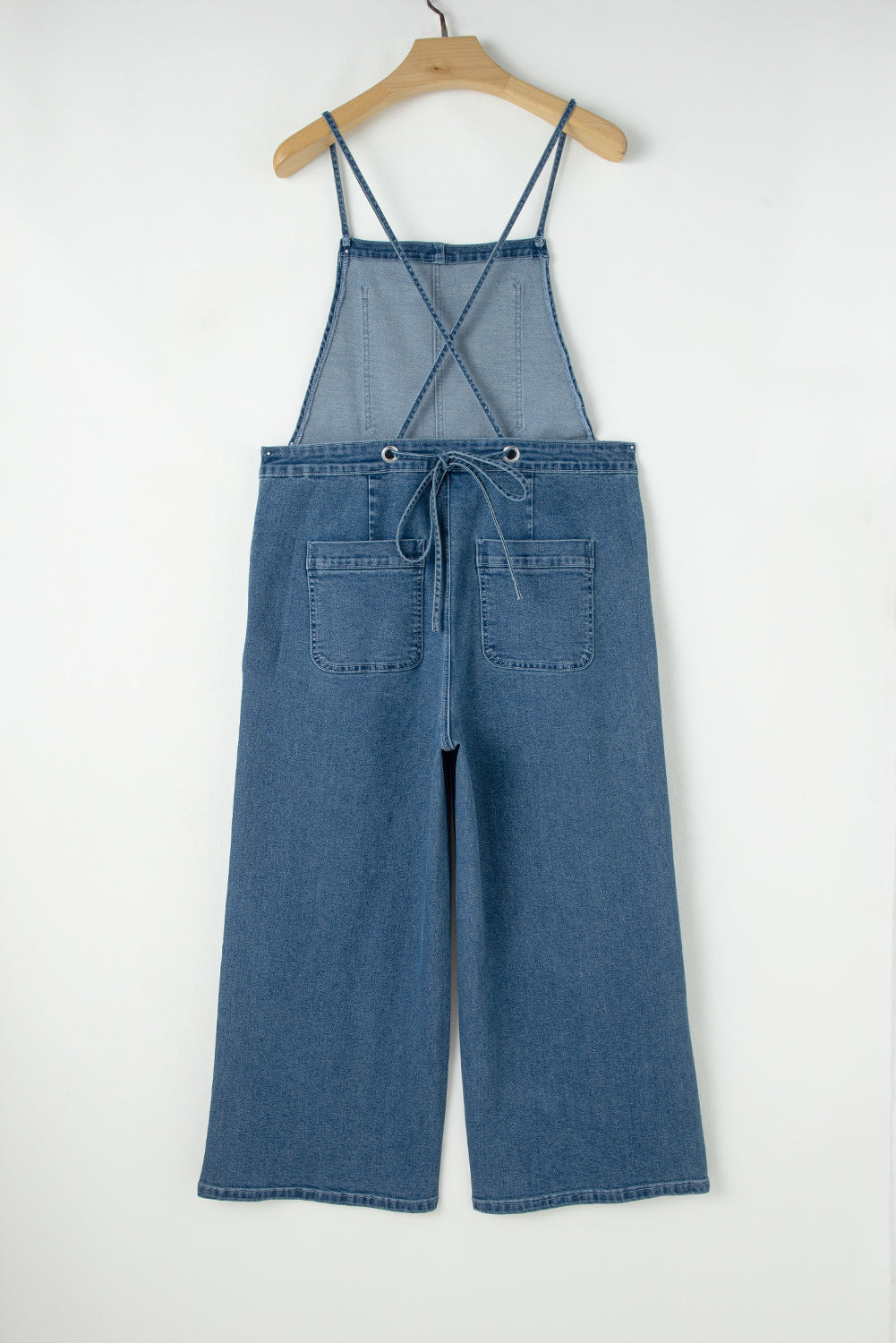 Dusk Blue Adjustable Tie Straps Cropped Wide Leg Casual Denim Overalls