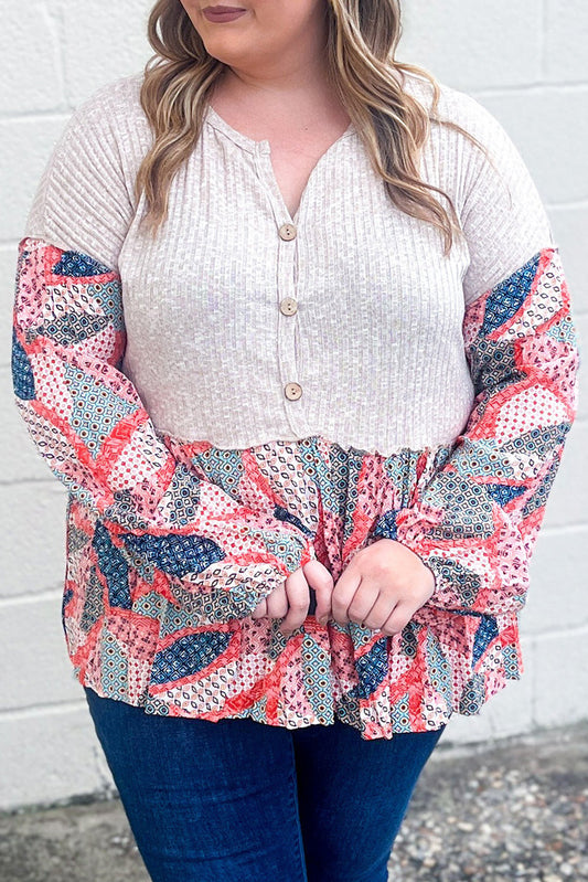 Apricot Plus Size Patchwork Textured Buttoned Blouse