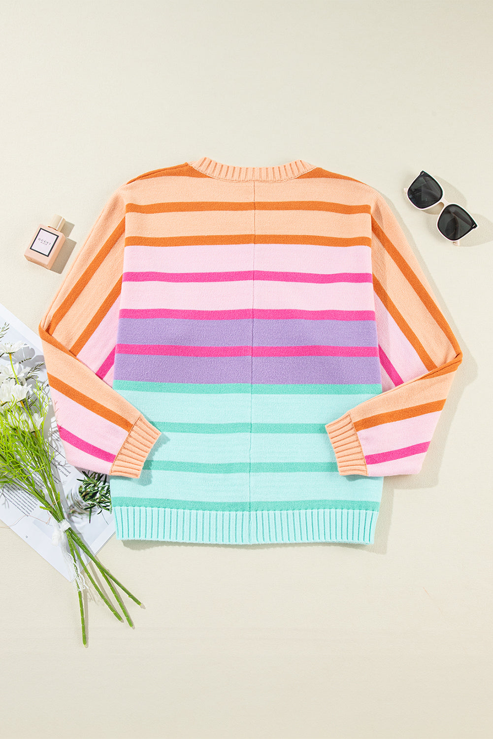 Multicolour Striped Ribbed Edge Gradient Loose Sweater