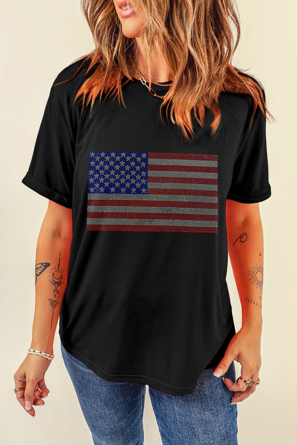 Black Rhinestone American Flag Graphic Round Neck Tee