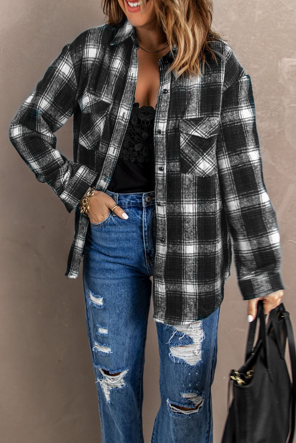 Black Button Up Collared Plaid Shacket