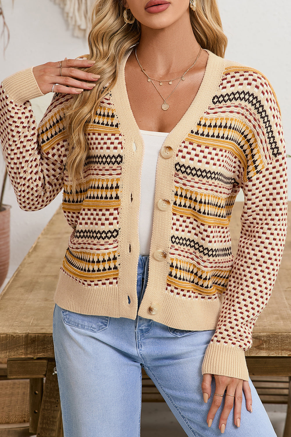 Khaki Geometric Pattern Button Front V Neck Cropped Cardigan