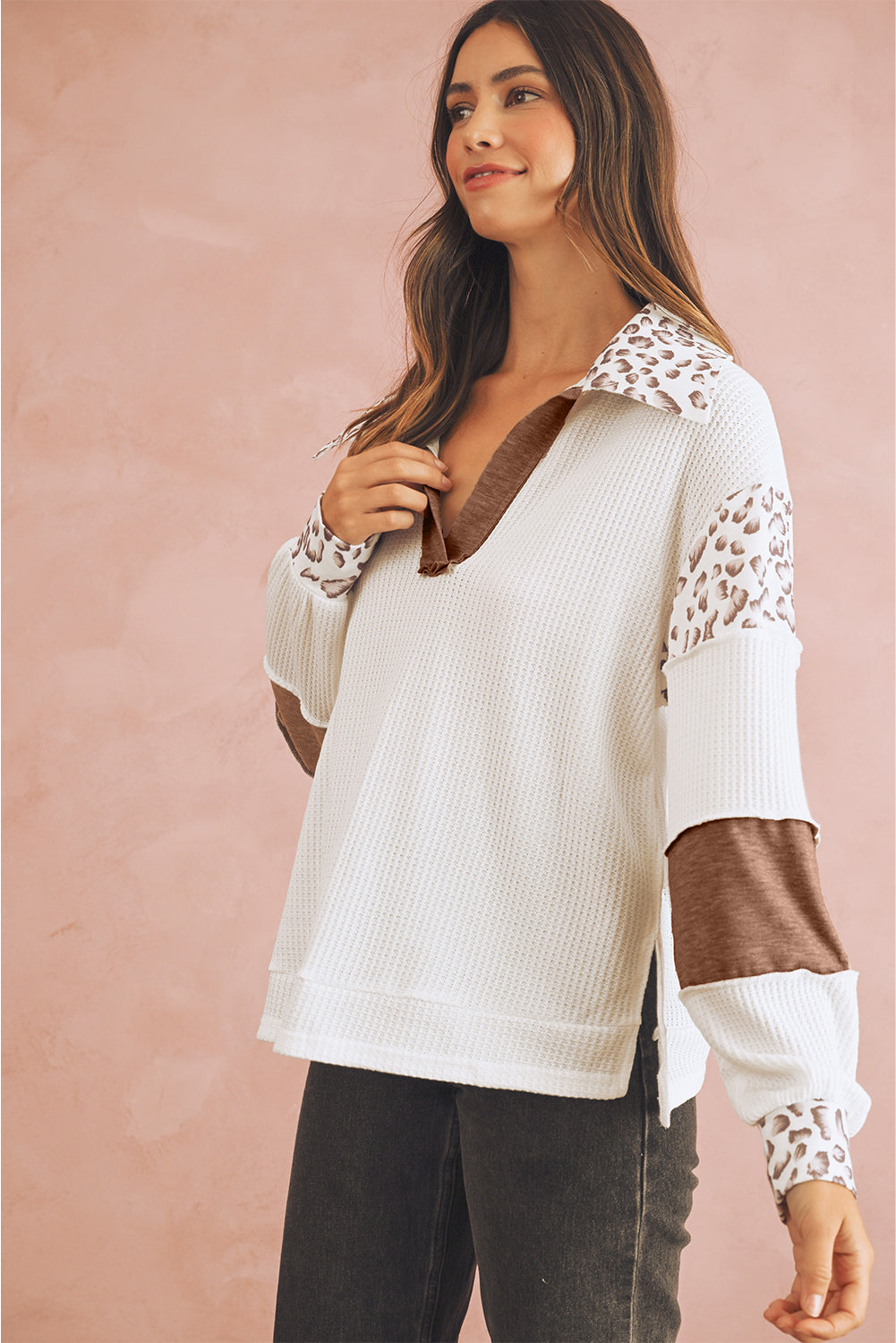 White Leopard Patchwork Turn-down Collar Waffle Top