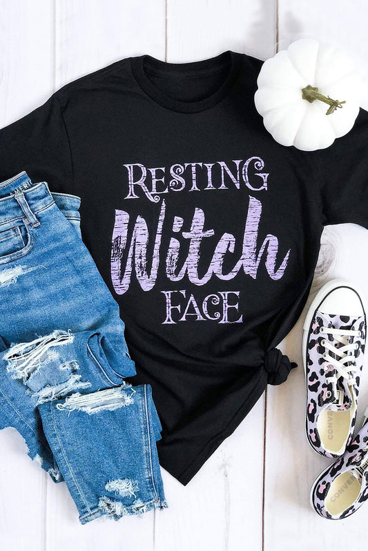 Black Resting Witch Face Casual Letter Print Graphic Tee