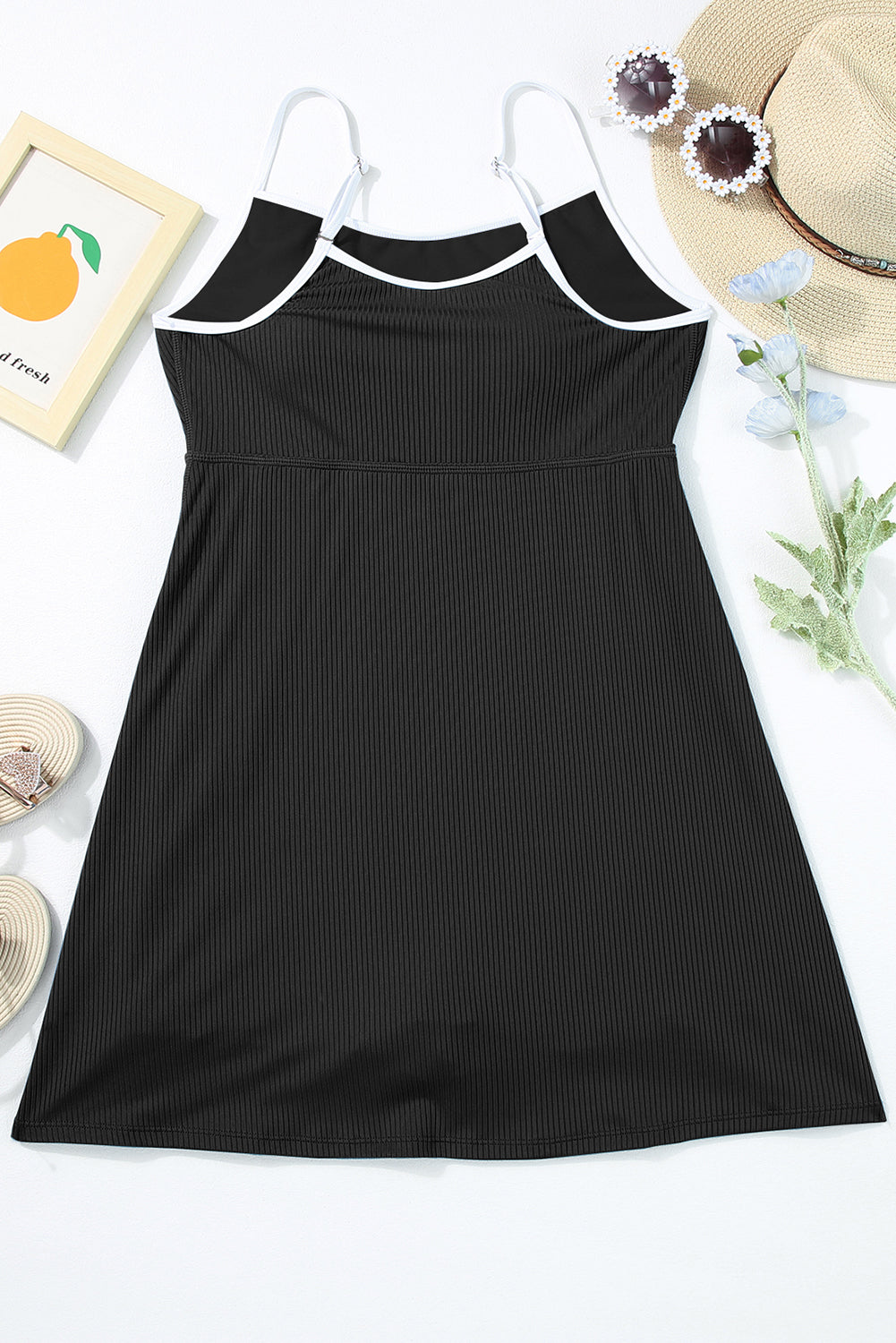 Black Sporty Ribbed Spaghetti Straps Swim Dress