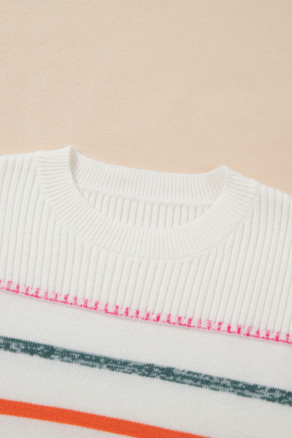 White Colorful Striped Ribbed Trim Round Neck Sweater