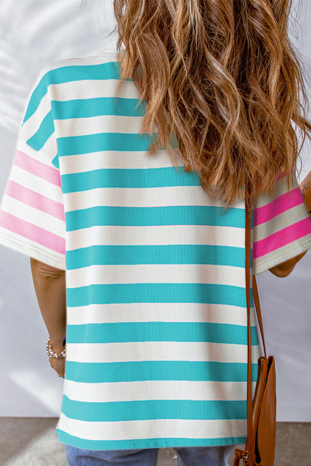 Stripe Patch Pocket Drop Sleeve Slits T Shirt