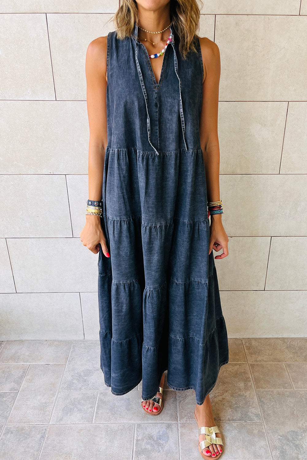 Denim Sleeveless Tiered Chambray Maxi Dress