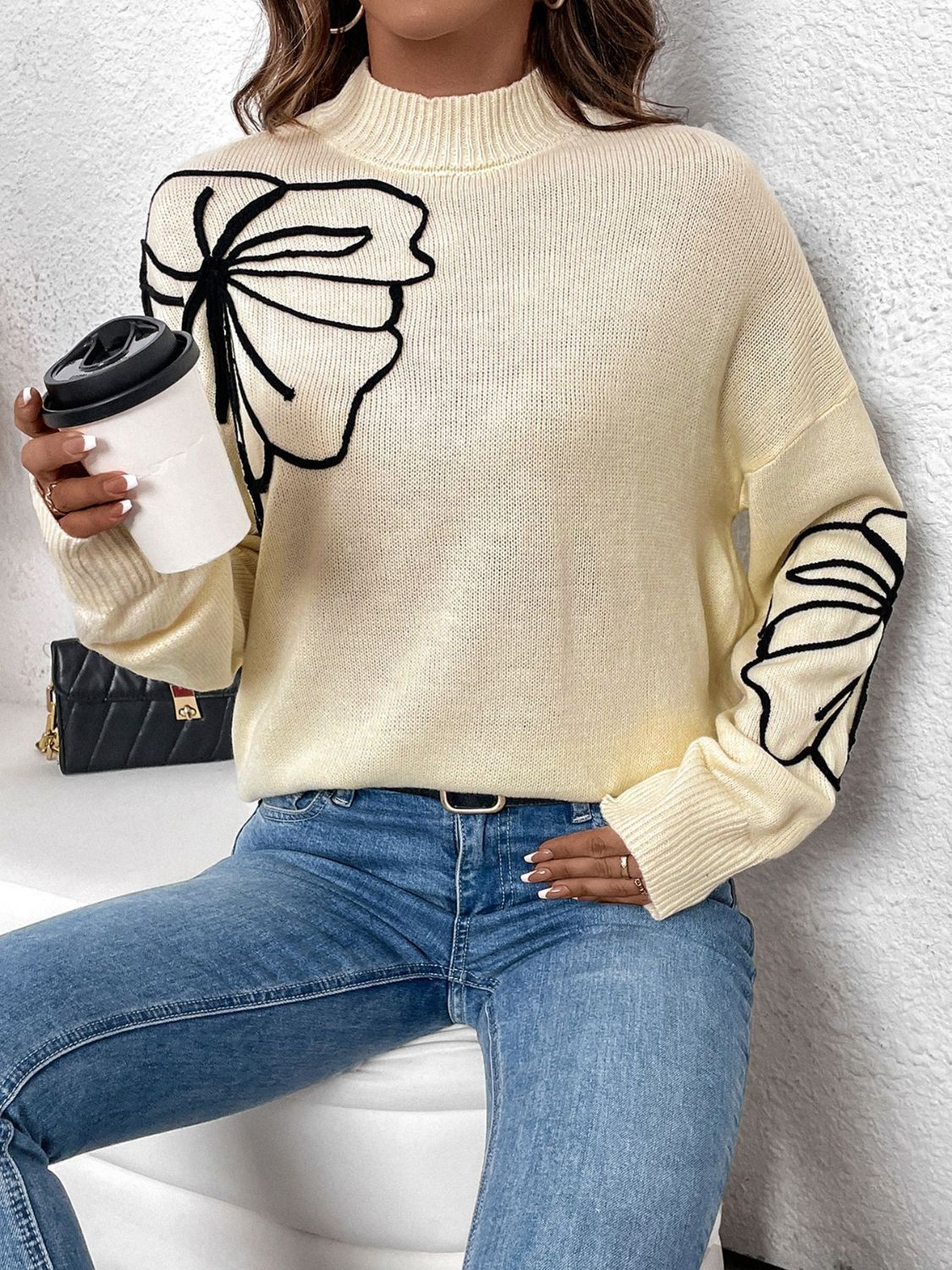 Perfee Mock Neck Dropped Shoulder Long Sleeve Sweater