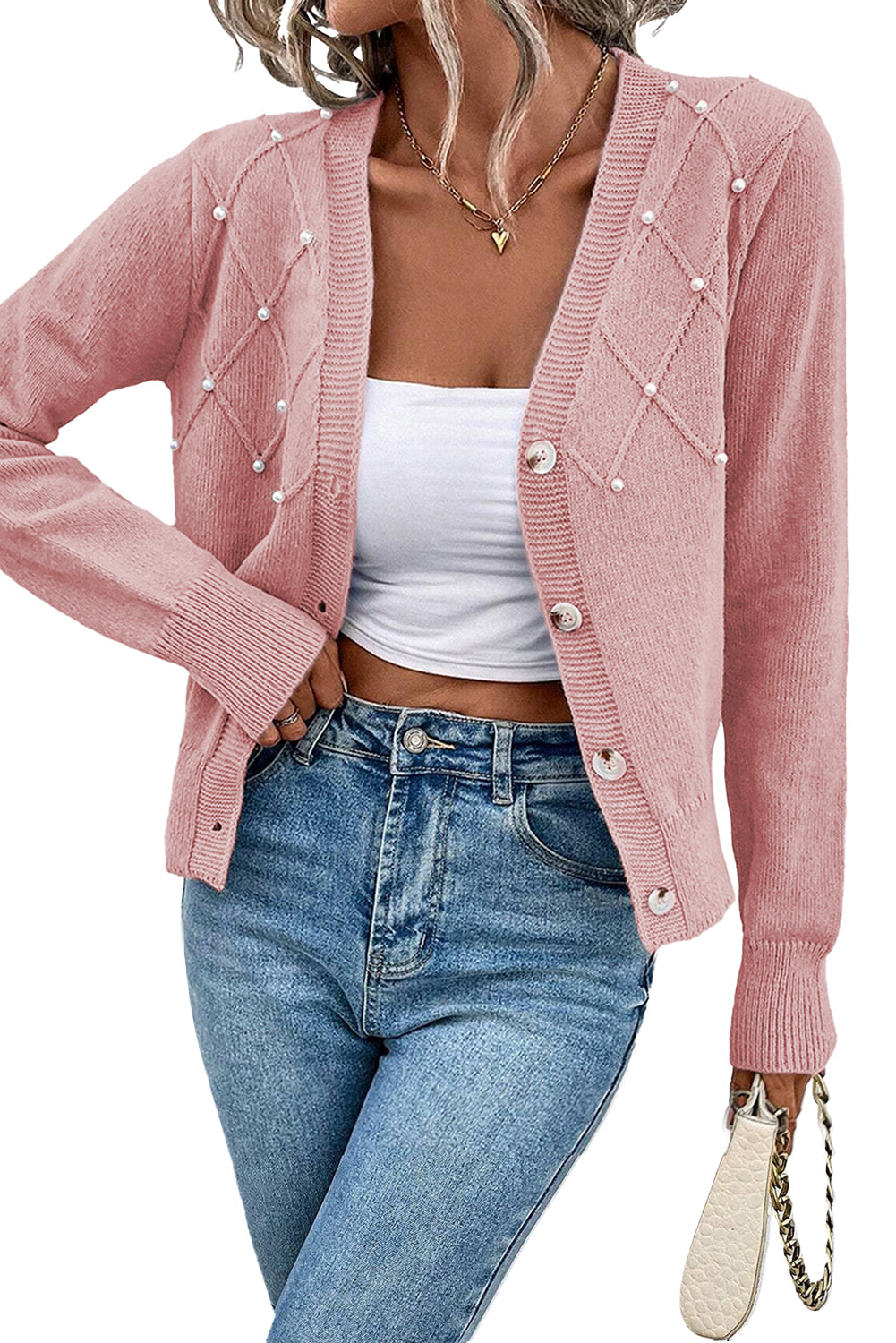 Sepia Rose Pearl Beaded Button Up Knit Cardigan