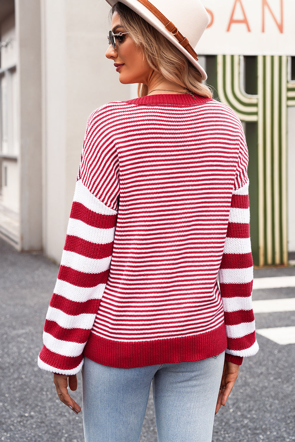 Red and White Stripe Twisted Knitted Drop Shoulder Sweater