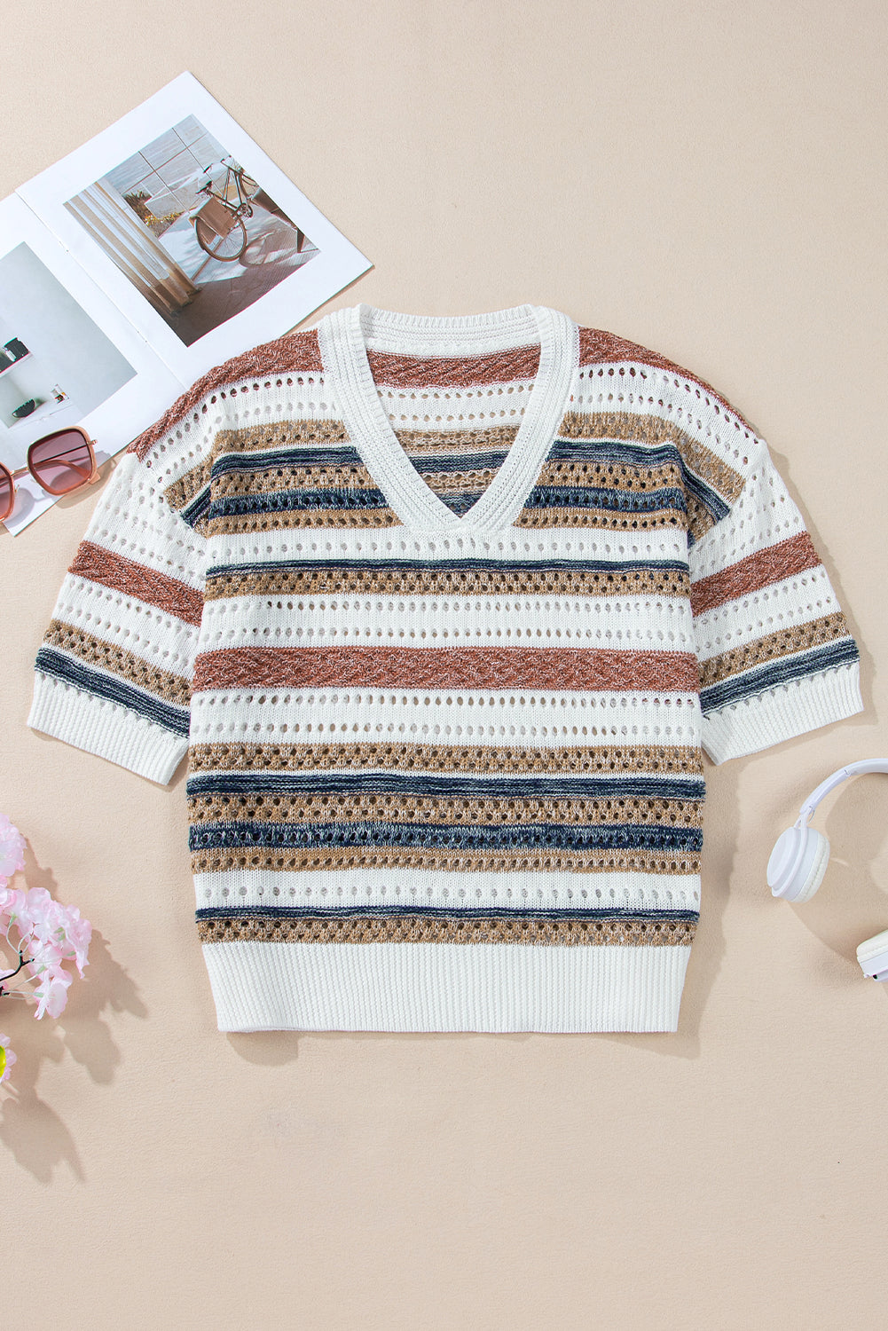 Multicolour Striped V Neck Hollow Knitted Half Sleeve Sweater