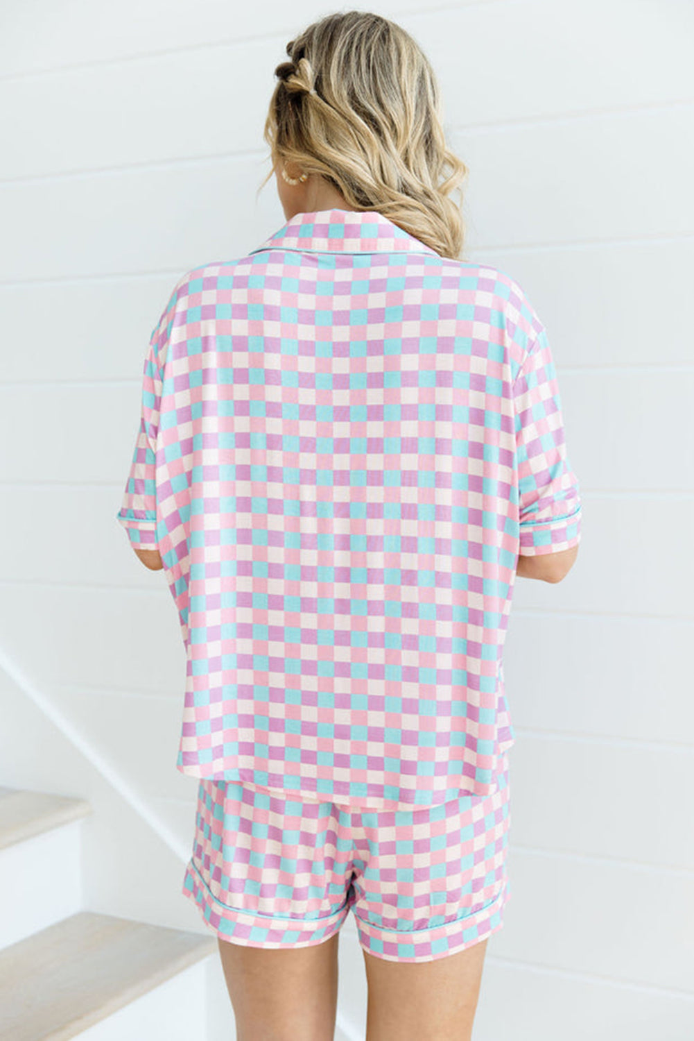 Purple Checkered Pattern Short Sleeve Pajamas Set