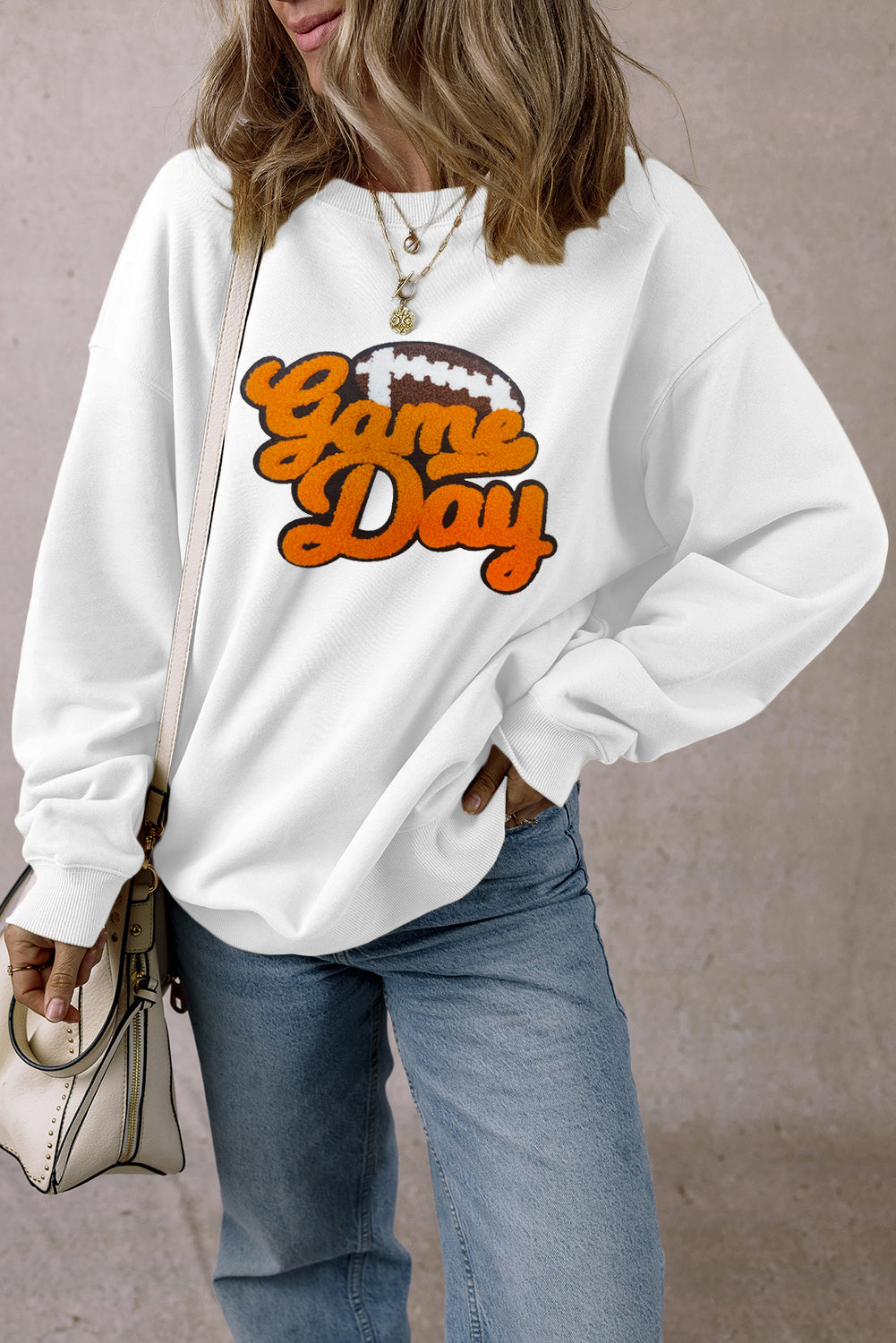 White Chenille Game Day Football Pattern Pullover Sweatshirt