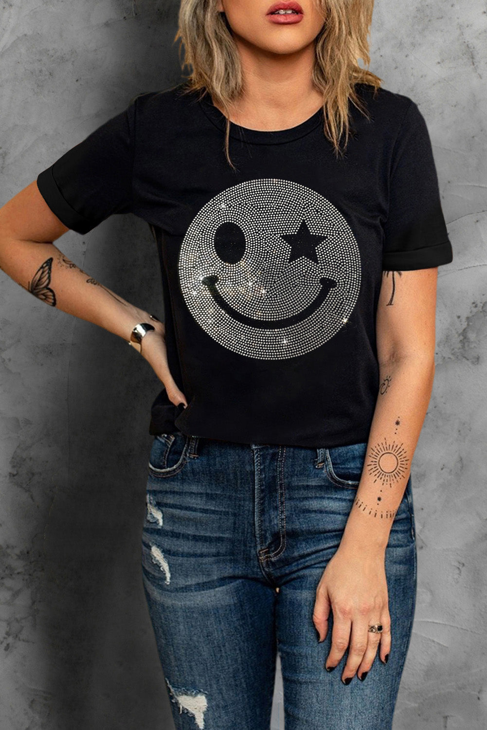 Black Sparkle Rhinestone Smiley Face Graphic T Shirt