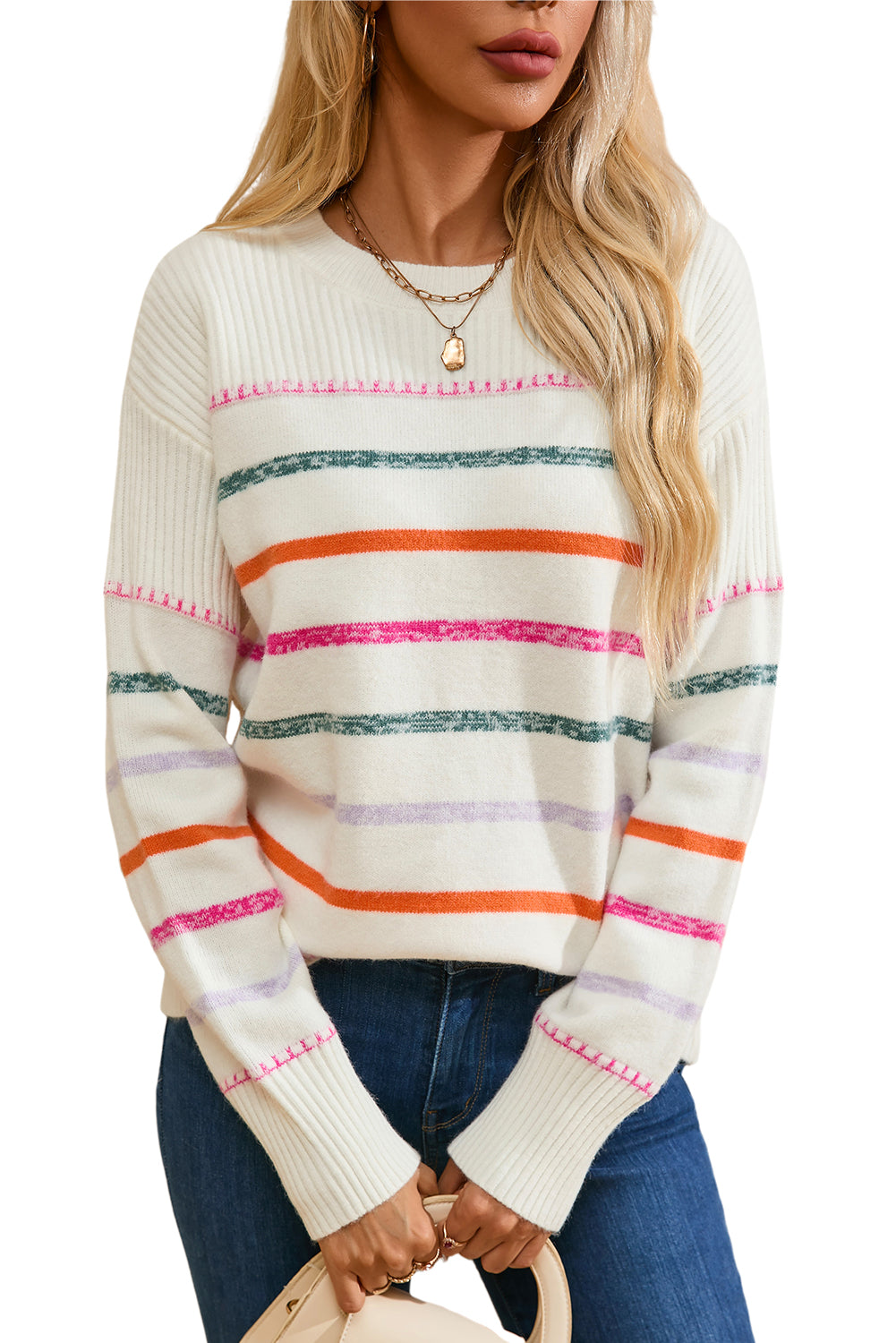 White Colorful Striped Ribbed Trim Round Neck Sweater