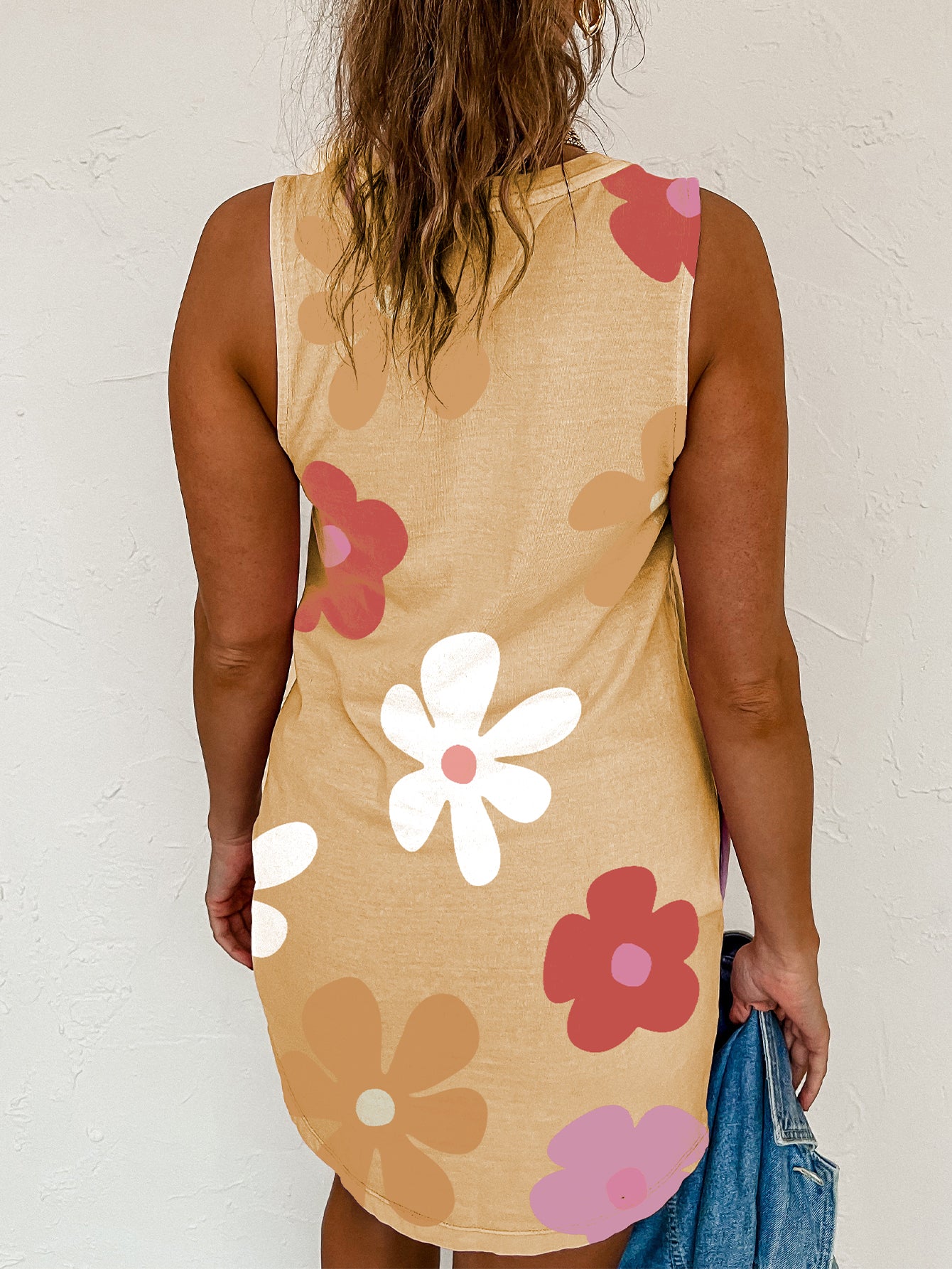 Flower Print Apricot Crew Neck Sleeveless Mini Dress