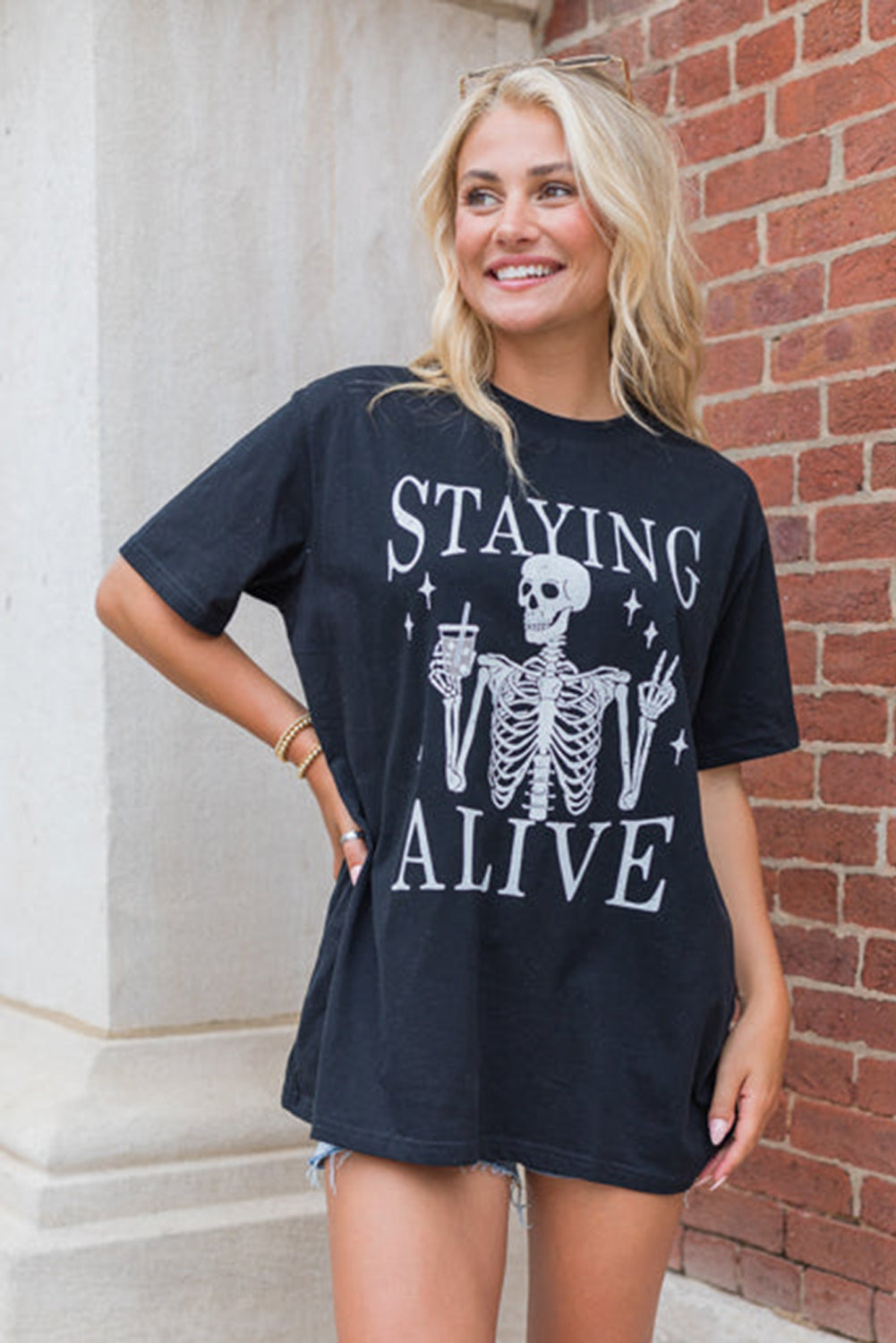 Black STAYING ALIVE Funny Skeleton Print Graphic T Shirt