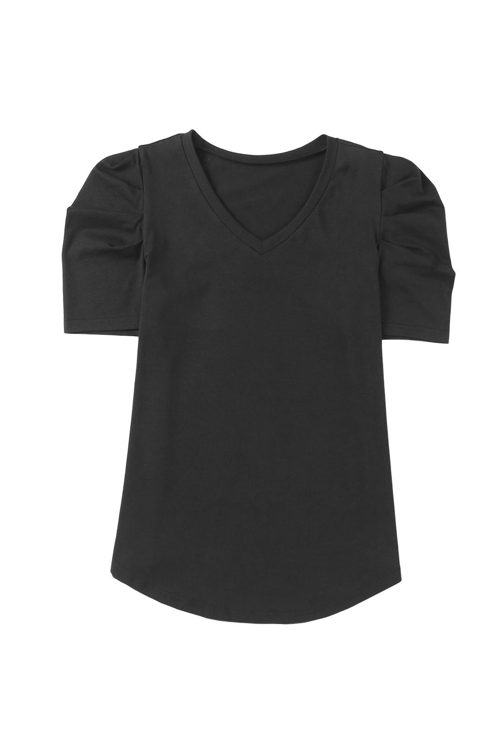 Black Puff Sleeve Casual V Neck T-Shirt