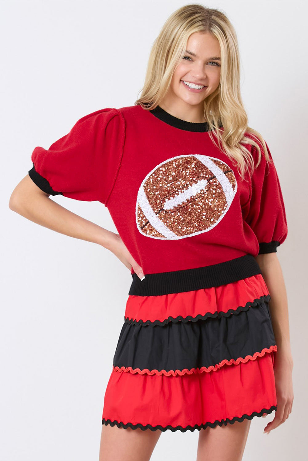 A Red Sequin Football Color Block Puff Sleeve Knit Top