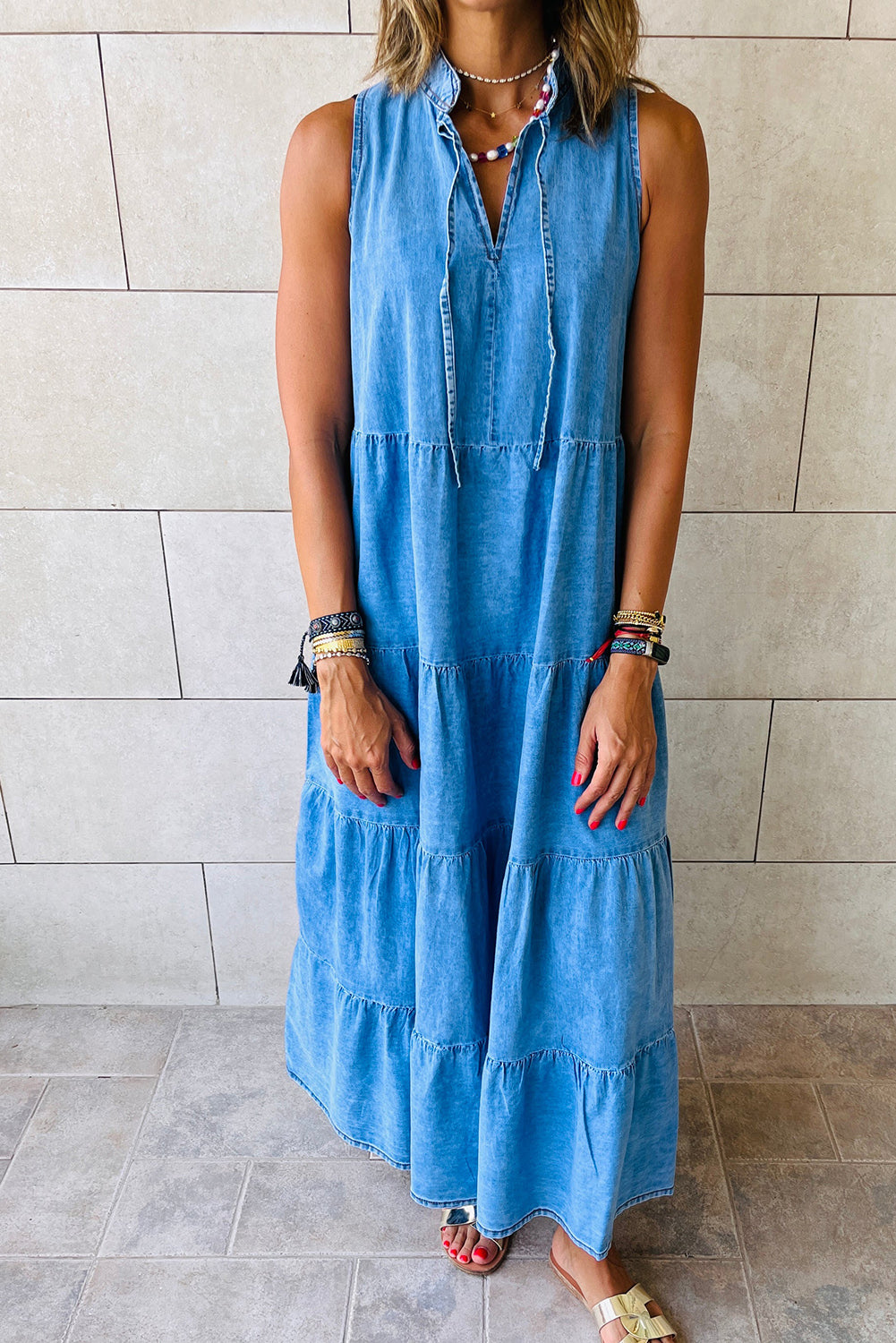 Denim Sleeveless Tiered Chambray Maxi Dress