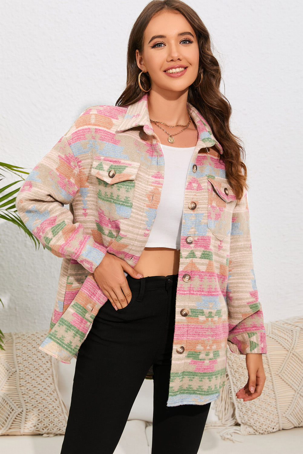 Multicolor Southwest Button Up Flap Pockets Geometric Jacket for Women