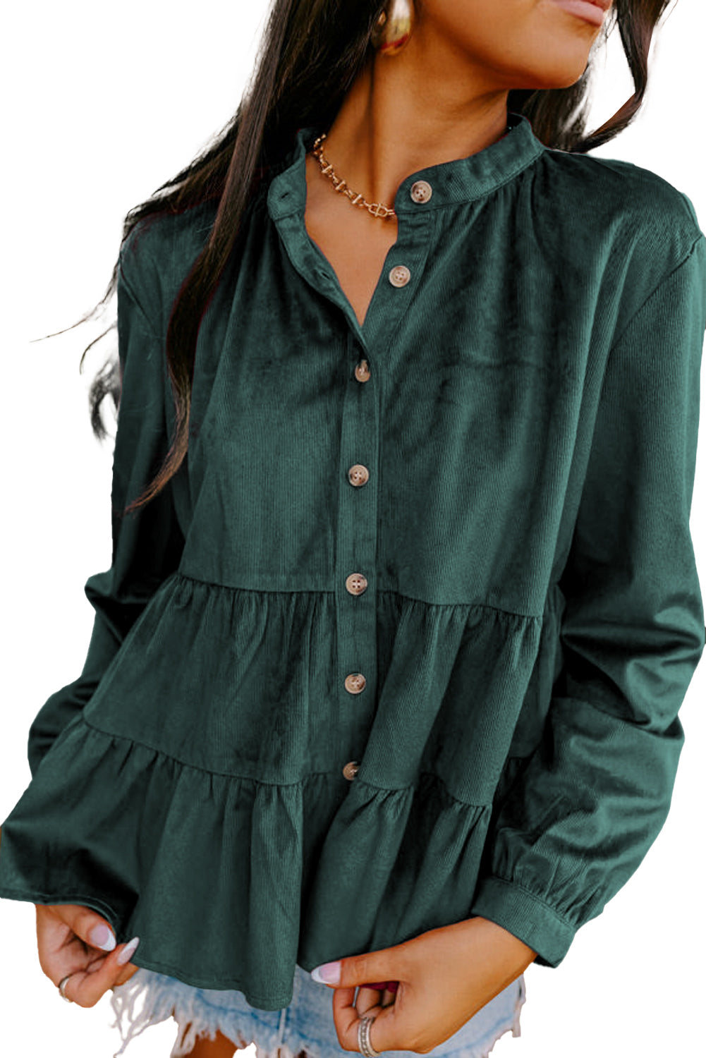 Skobeloff Ruffle Tiered Buttoned O Neck Shirt