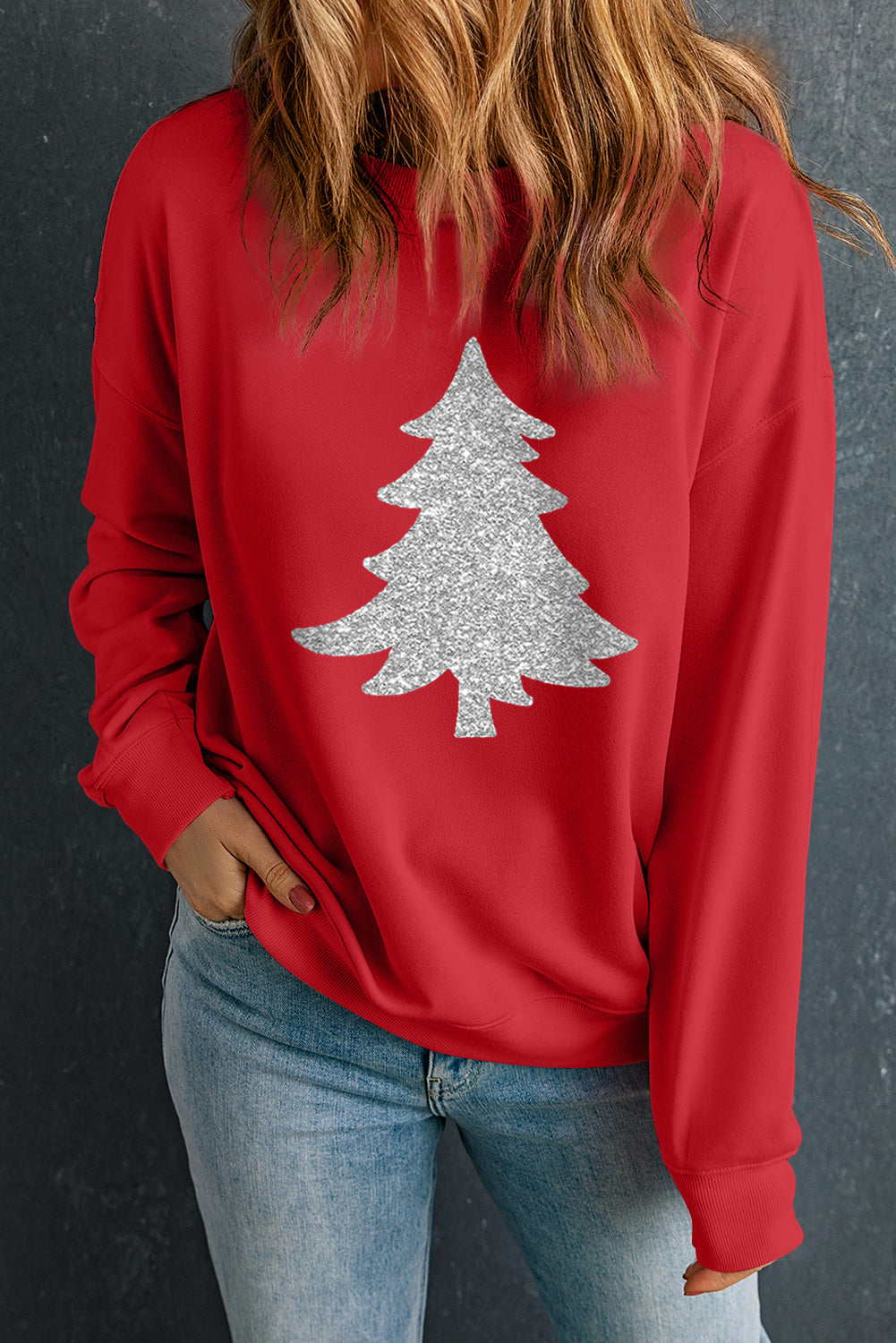 Red Silver Christmas Tree Printed Pullover Sweatshirt