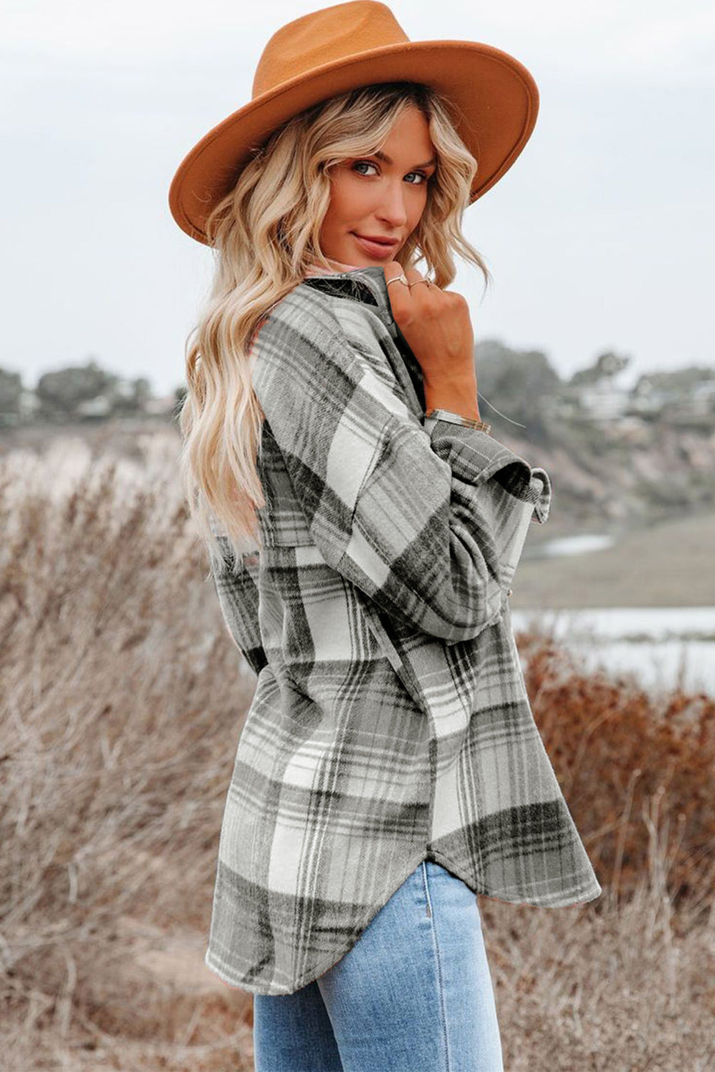 Gold Flame & Grey Plaid Button Up Collared Flannel Shacket