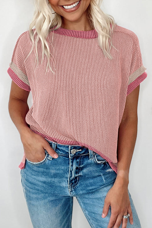 Light Pink Textured Colorblock Round Neck T Shirt