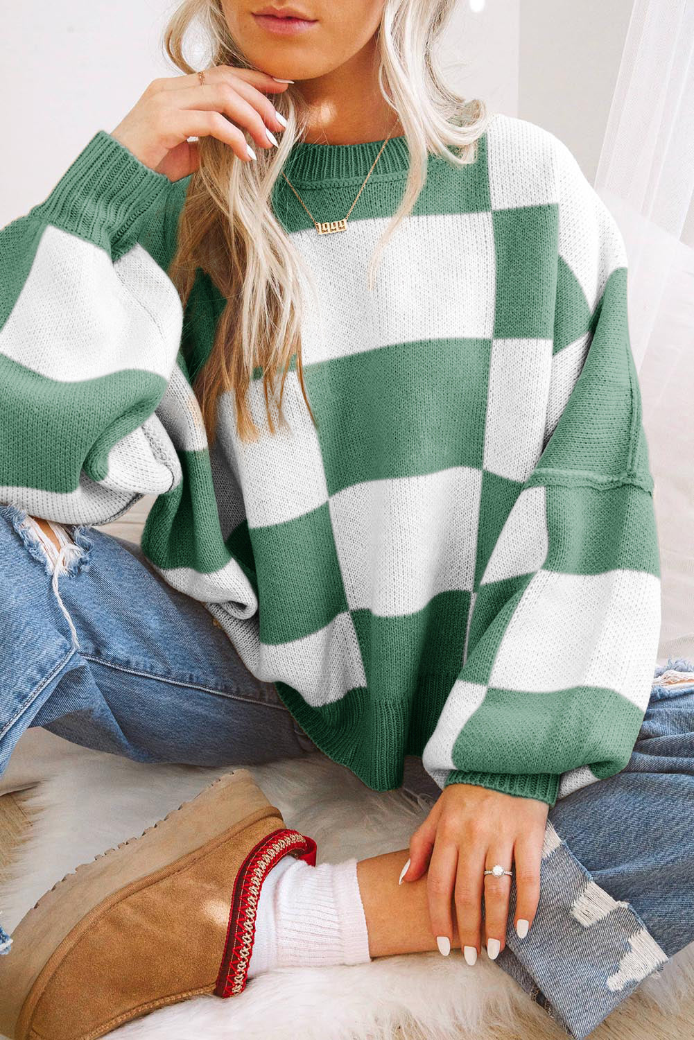 Checkered Bishop Sleeve Pullover Sweater