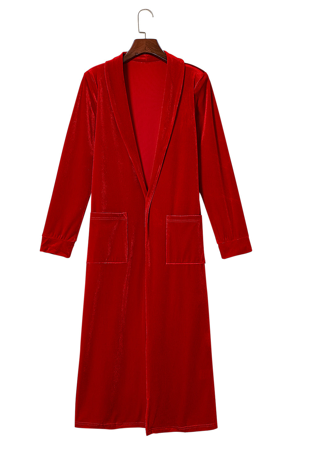 Rose Red Velvet Elegant Pocket Open Front Long Cardigan