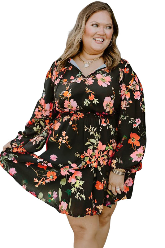 Black Plus Size Floral Print Tie Neck Cinched Waist Long Sleeve Mini Dress