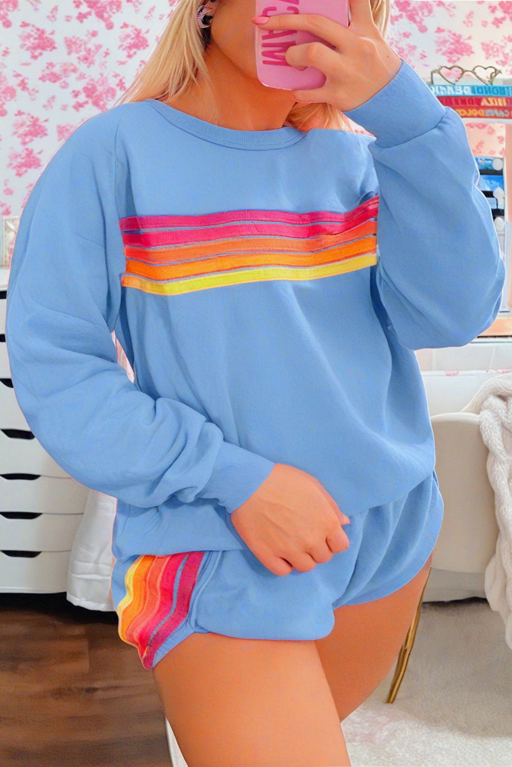 Beau Blue Colorful Striped Long Sleeve Pullover and Shorts Set