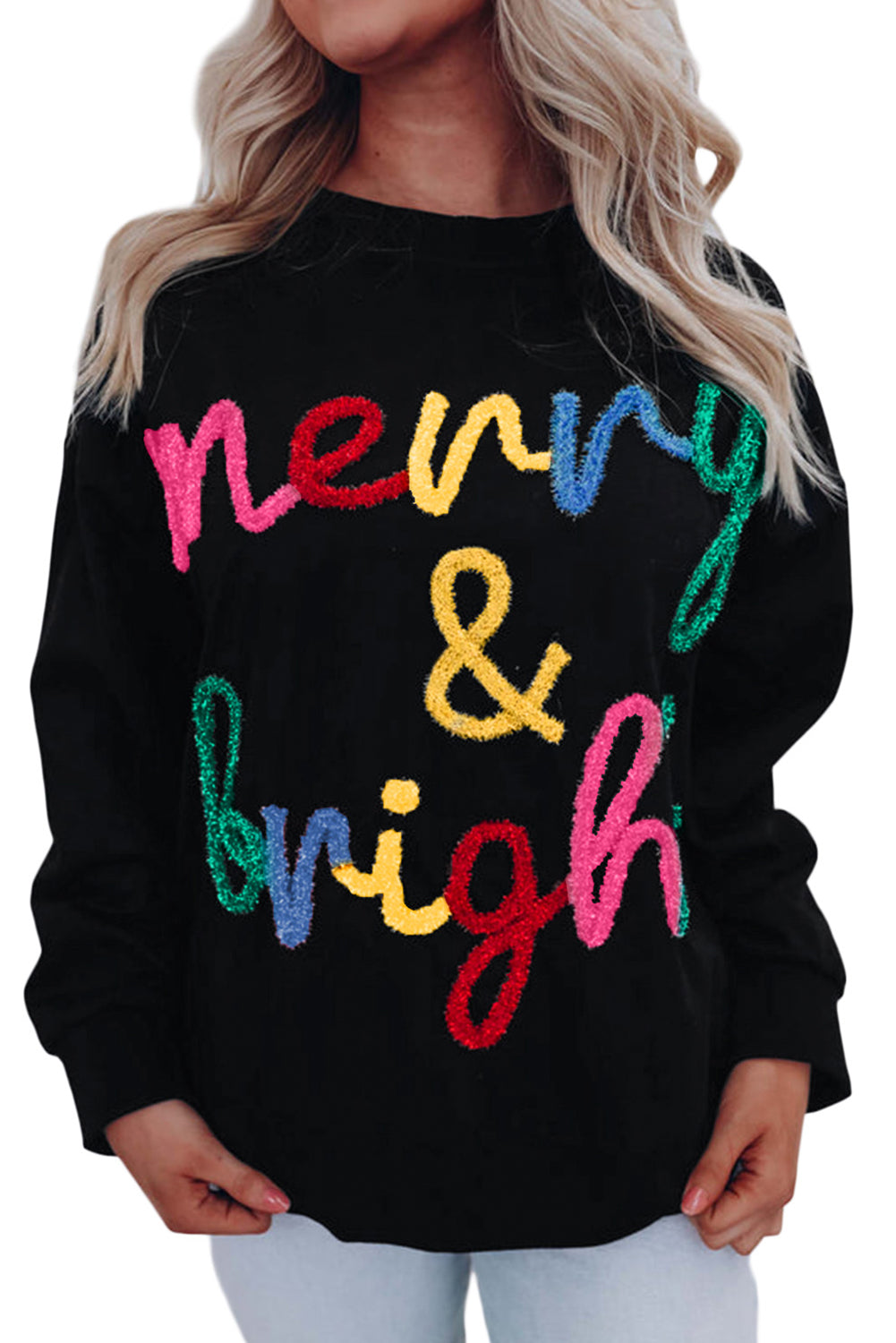 Black Colorful Merry & Bright Tinsel Graphic Sweater