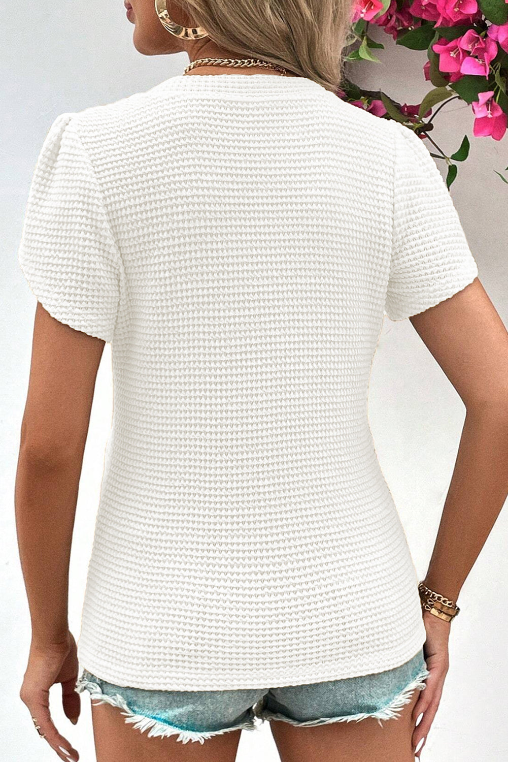 White Petal Sleeve Waffle Knit V Neck T-Shirt