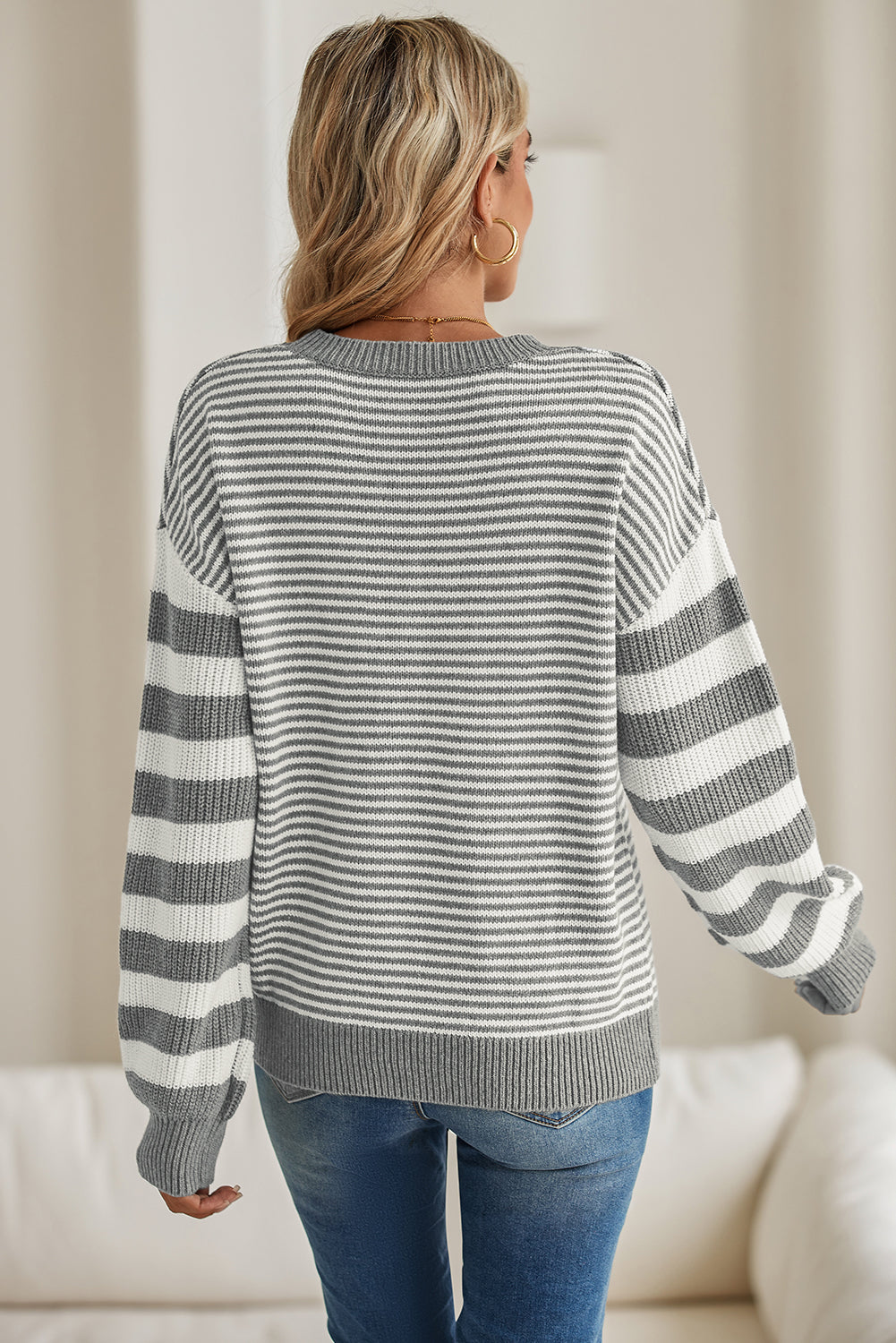 Red and White Stripe Twisted Knitted Drop Shoulder Sweater