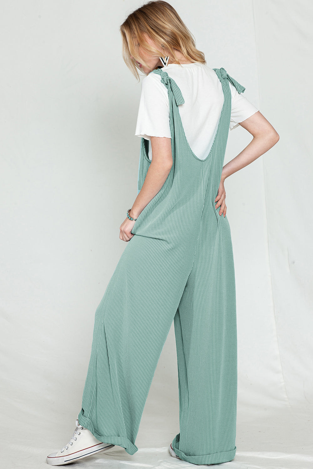 Green Pockets Oversized Ribbed Wide Leg Jumpsuit