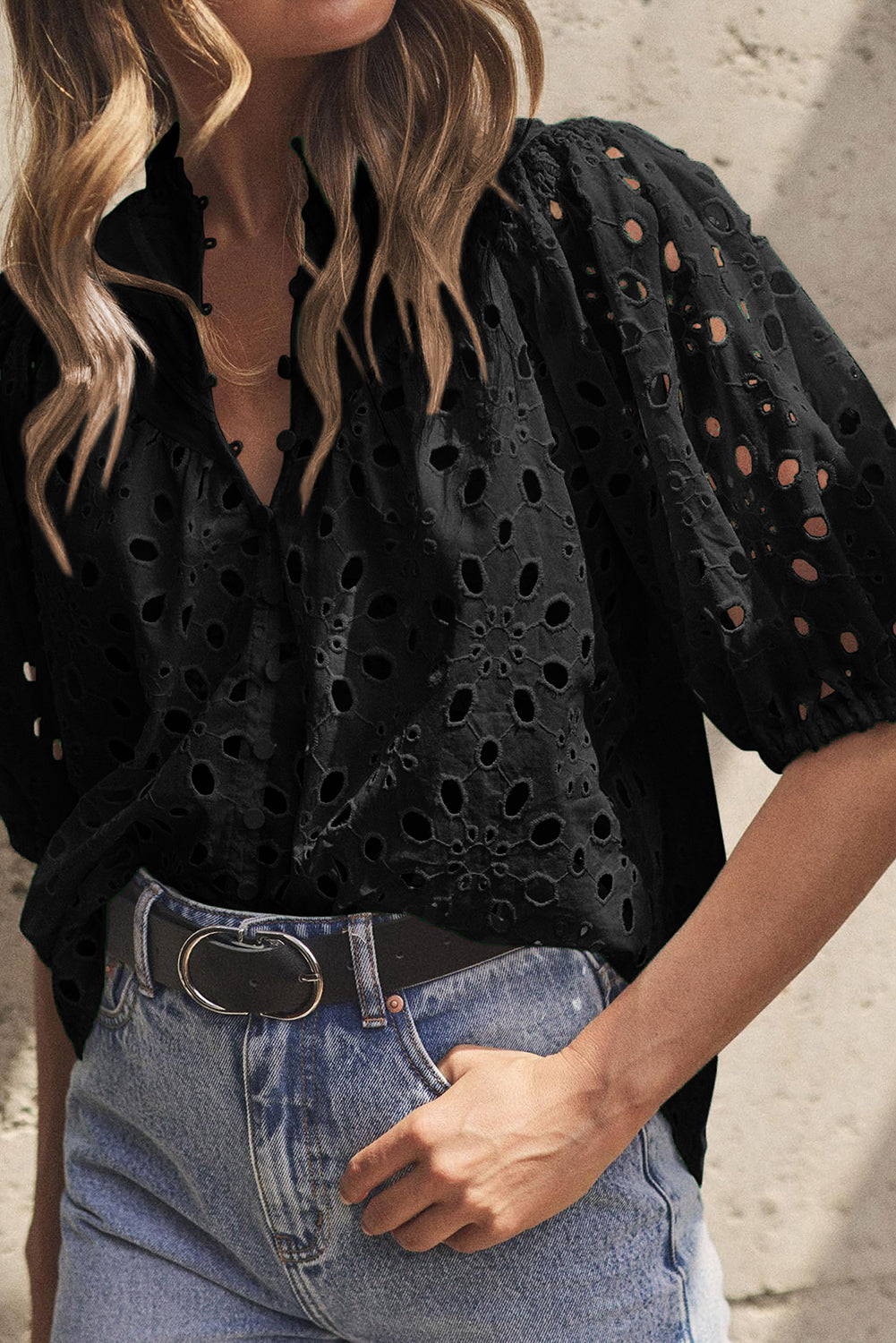 Black Hollow-out Flower Embroidered Short Puff Sleeve Blouse