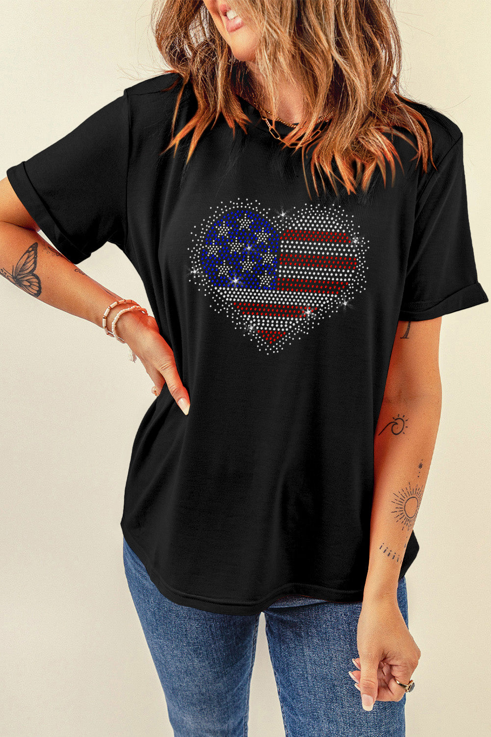 Black Rhinestone American Flag Heart Shape Graphic Tee