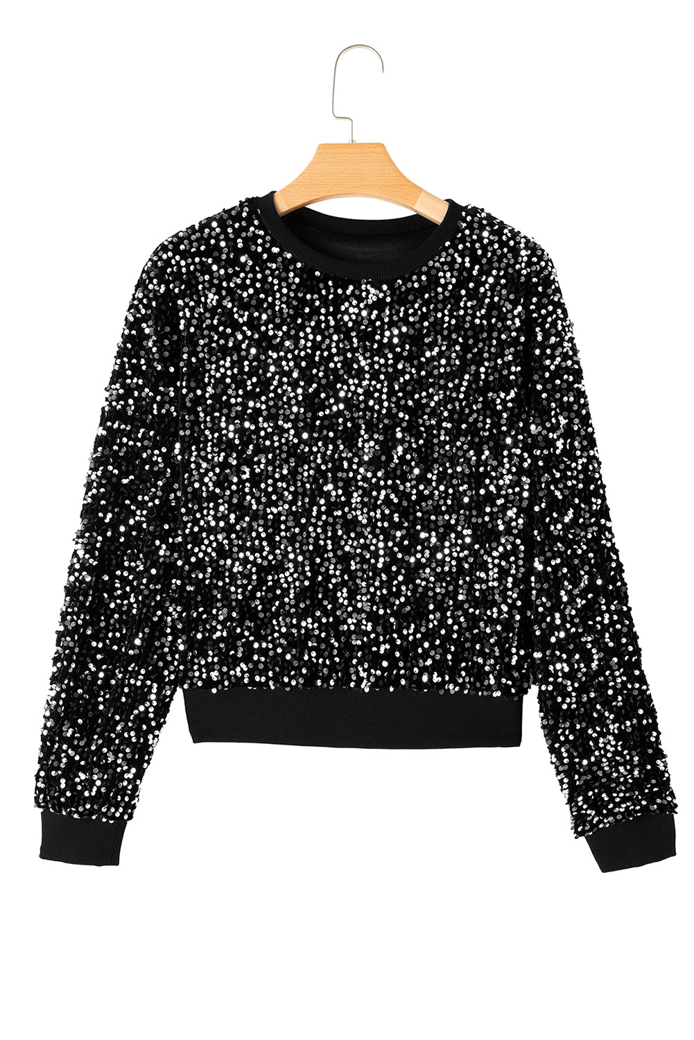 Black Sequined Crew Neck Cropped Sweatshirt