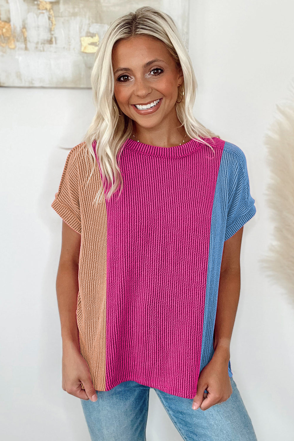 Pink Textured Colorblock Round Neck T Shirt