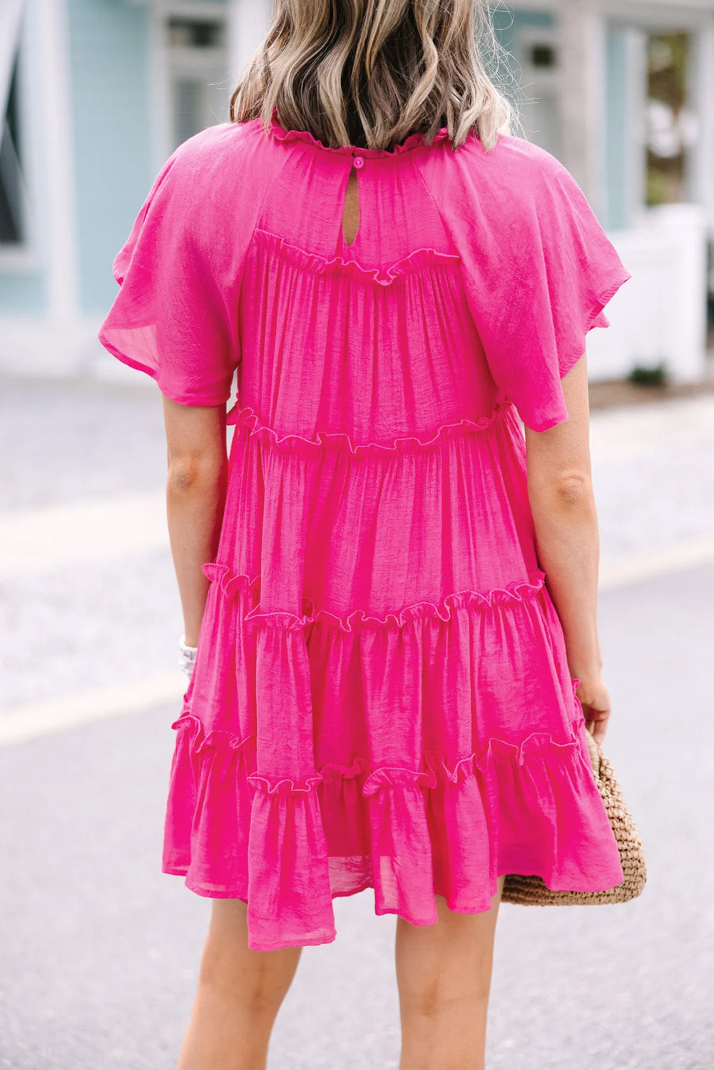 Rose Red Solid Color Flounce Sleeve Frill Tiered Dress