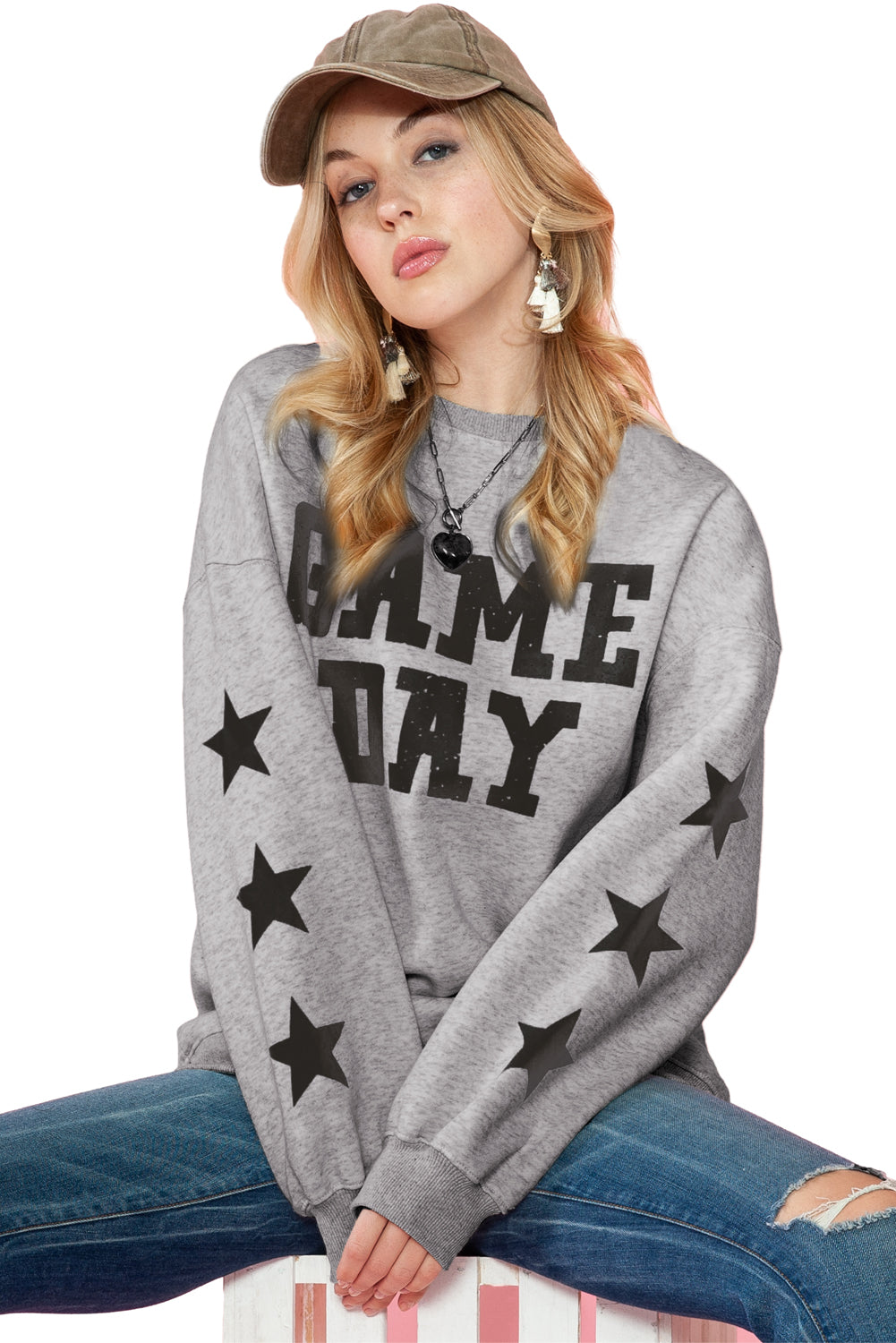 Orange Lettering Game Day Print Star Sleeve Sweatshirt