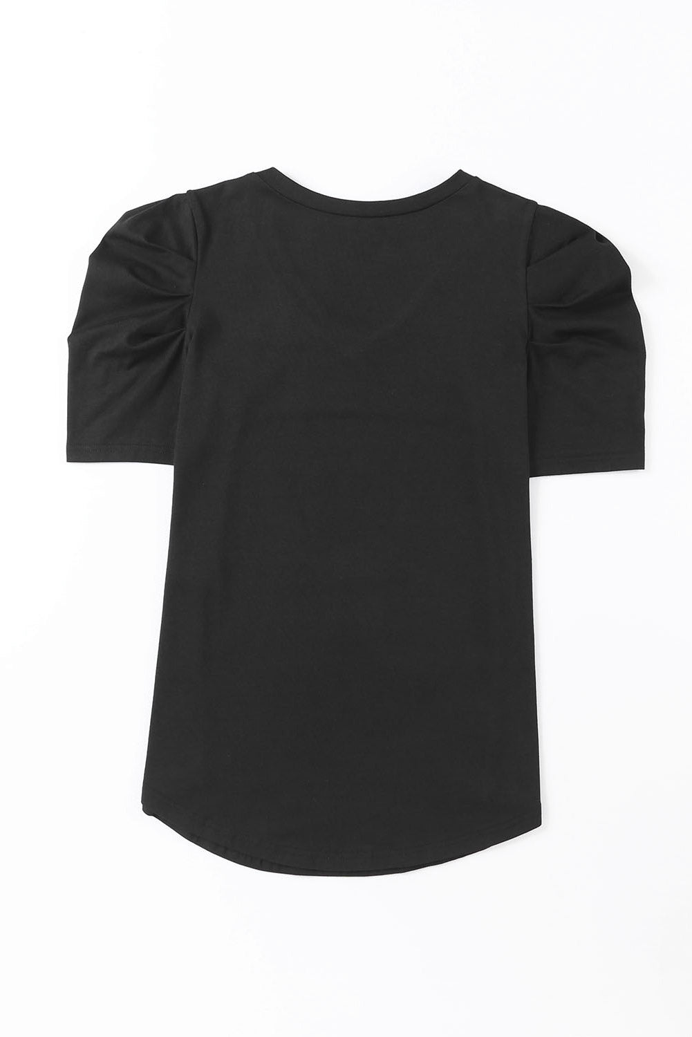 Black Puff Sleeve Casual V Neck T-Shirt