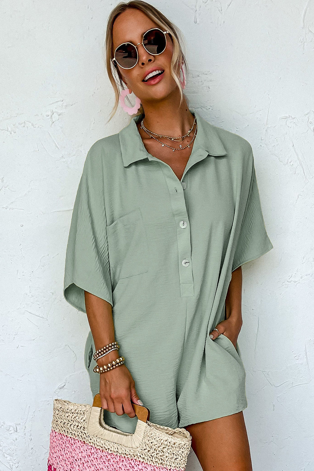 Half Button Collared Pocket Loose Romper