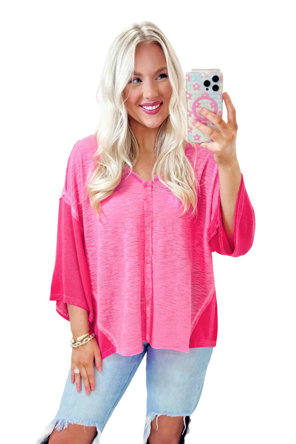 Sachet Pink V-Neck Exposed Seam Patchwork Top