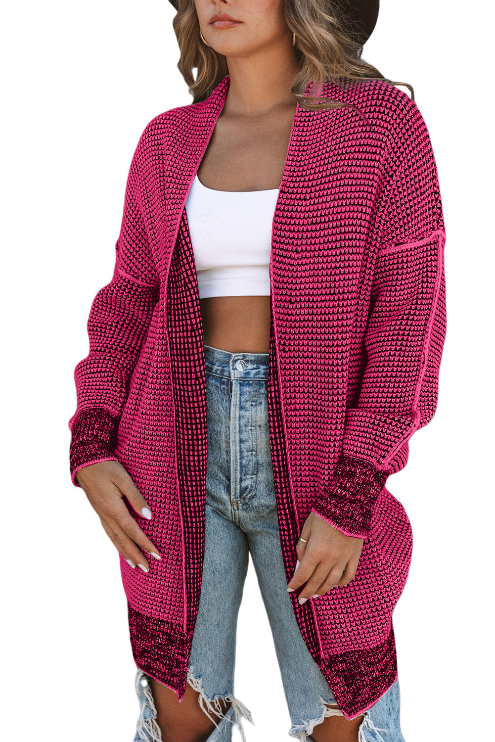 Plaid Contrast Trim Casual Knit Cardigan