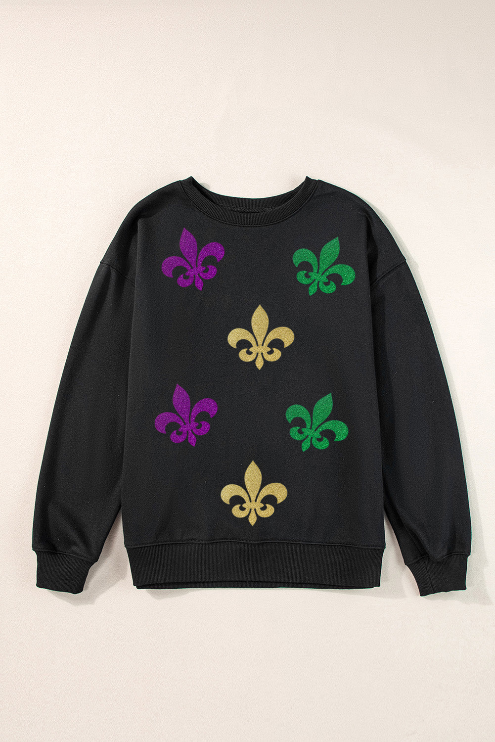 Black Mardi Gras Graphic Round Neck Casual Sweatshirt