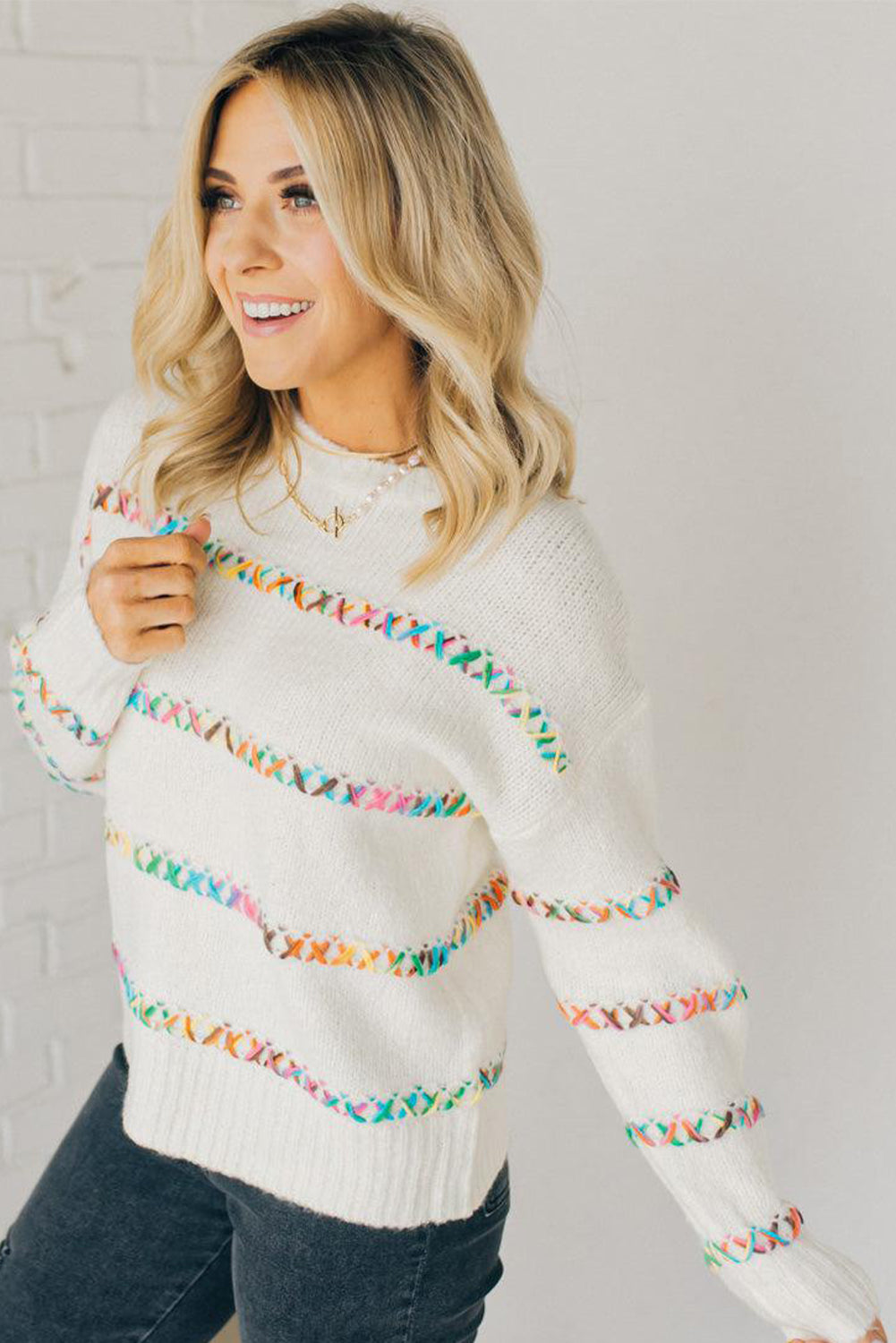 White Colorful Cross Stitch Drop Shoulder Sweater